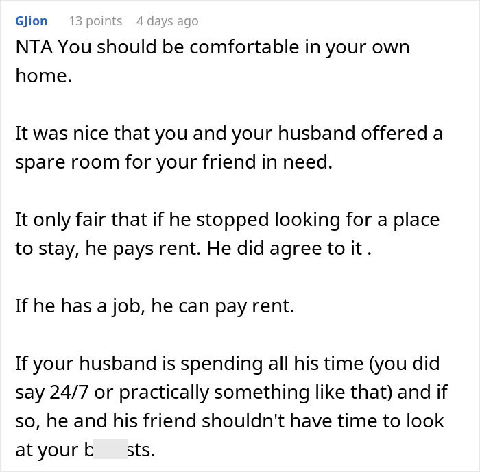 Comment discussing comfort at home and how a woman never wears a bra, which bothers her husband.