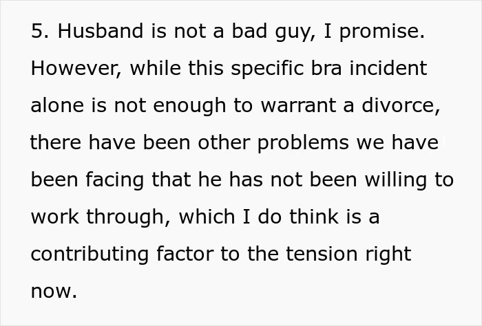 Text excerpt discussing a husband’s reaction to his wife not wearing a bra at home causing tension in their relationship. Text excerpt discussing a husband’s reaction to his wife not wearing a bra at home causing tension in their relationship.