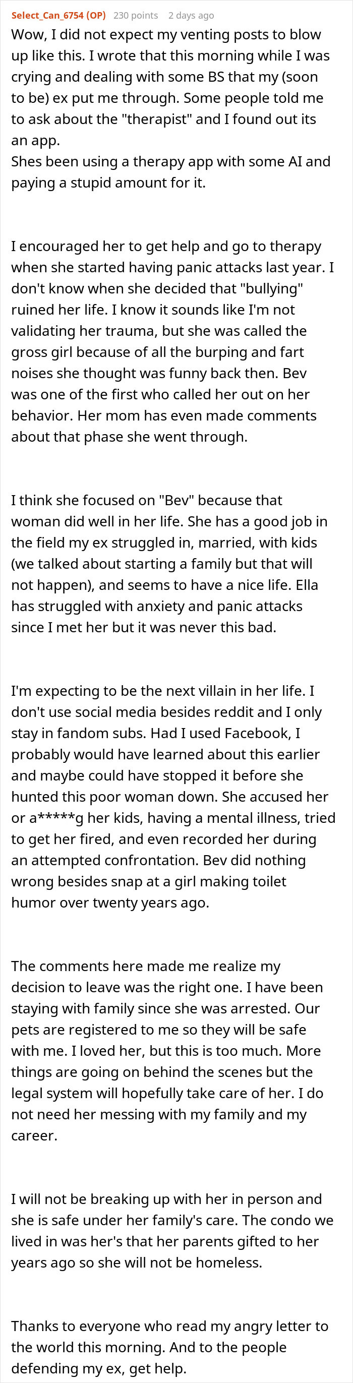 Reddit post discussing fianc&eacute;e&rsquo;s obsession with her bully and how it ruins relationships through stalking and harassment.