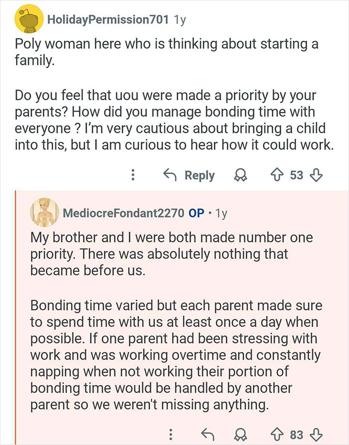 Reddit conversation about a woman who grew up with polyamorous parents discussing priority and bonding time.
