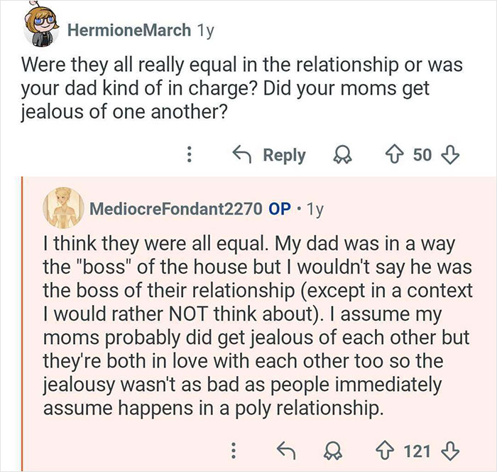 Online discussion about a woman who grew up with polyamorous parents answering questions about poly relationships.