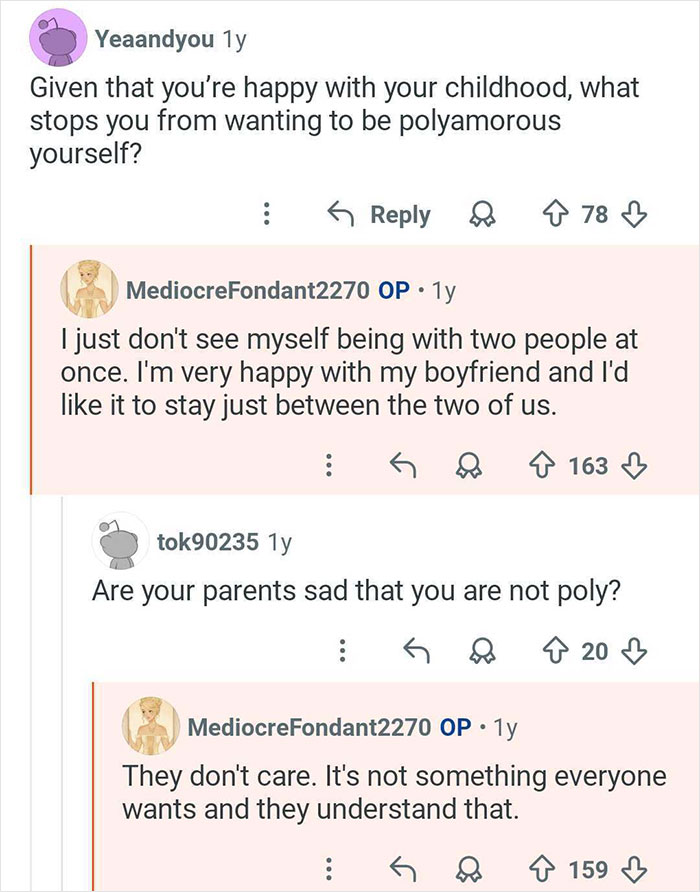 Reddit user with polyamorous parents explains why she prefers monogamy and how her parents feel about her choice.