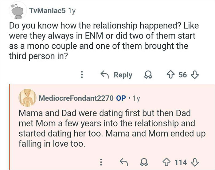 Conversation about a woman who grew up with polyamorous parents explaining how their polyamorous relationship began.