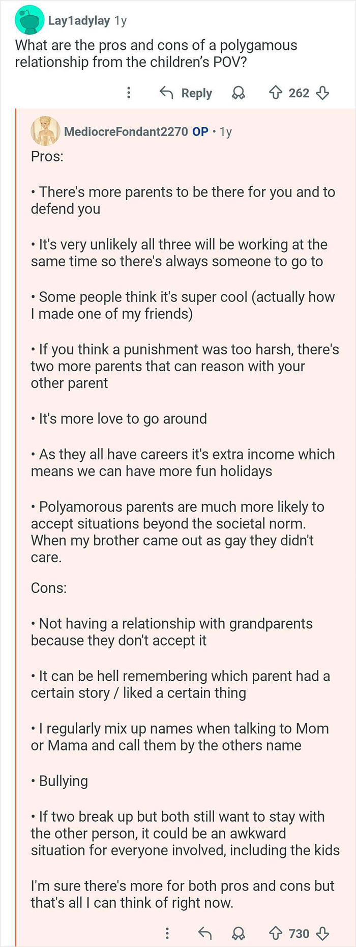 Reddit discussion on pros and cons of polyamorous parents from a child's point of view with insights on family dynamics.