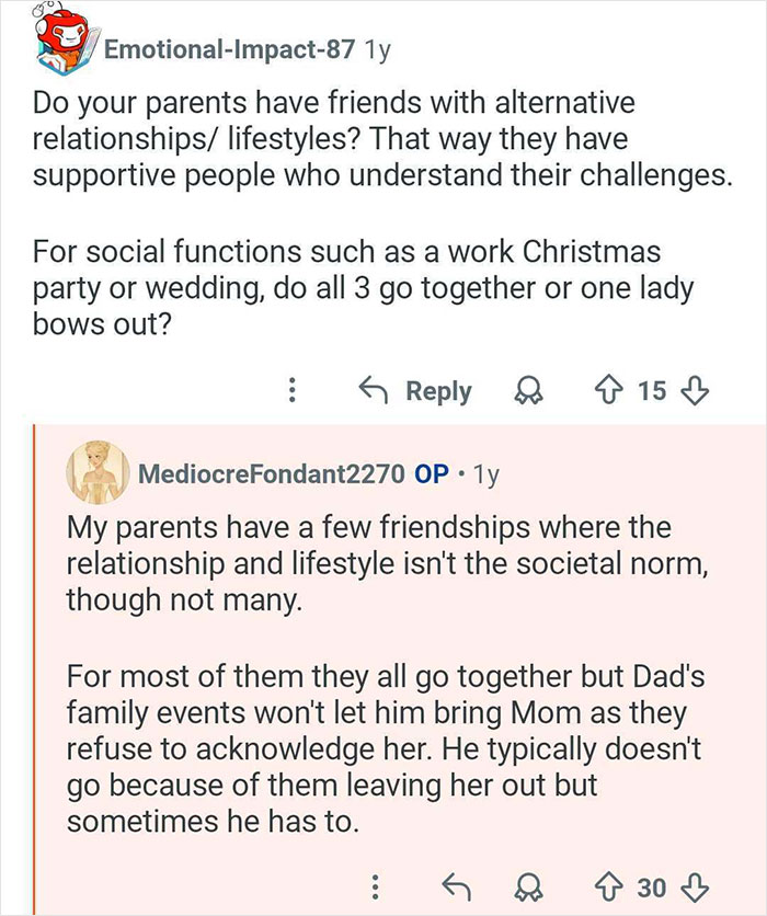 Discussion about a woman who grew up with polyamorous parents and their experiences with social events and relationships.