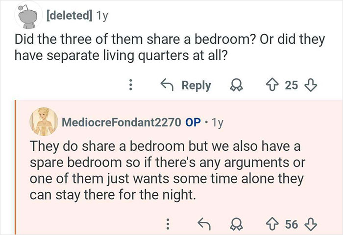 Reddit conversation about living arrangements in a family with polyamorous parents discussing shared and separate bedrooms.