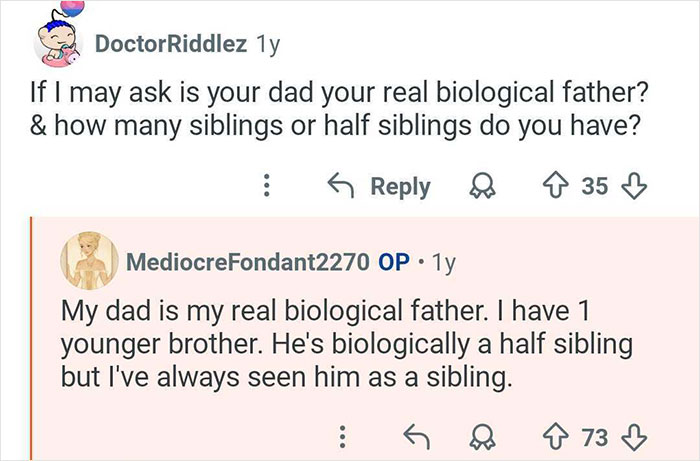 Screenshot of a Q&A discussing family dynamics with polyamorous parents, focusing on biological and half siblings.