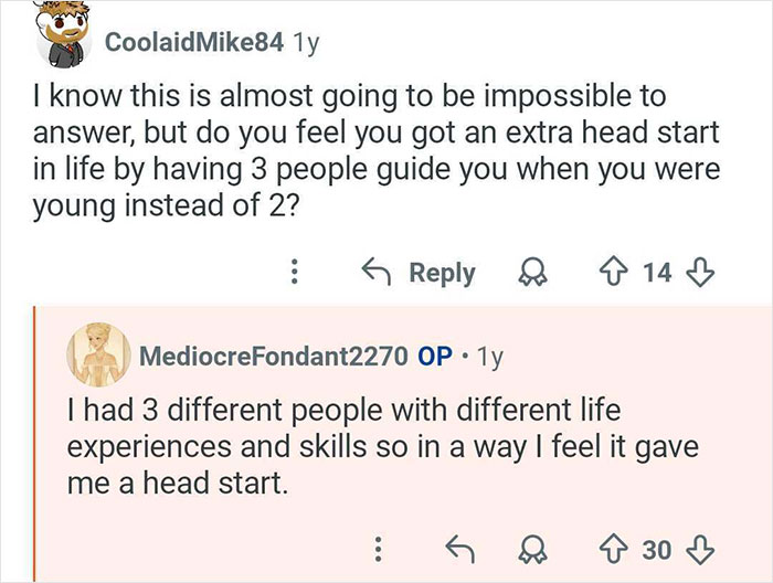 Reddit conversation about growing up with polyamorous parents and getting a head start from multiple guides in life.