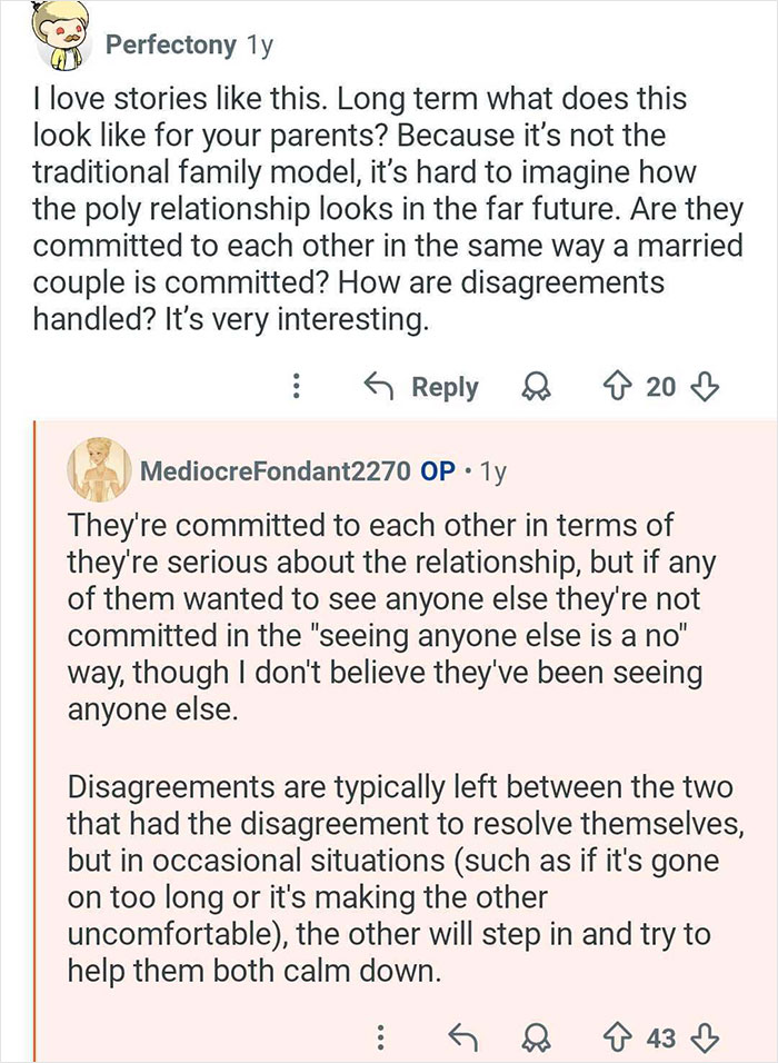 Screenshot of an online discussion about growing up with polyamorous parents and handling relationship commitments and disagreements.