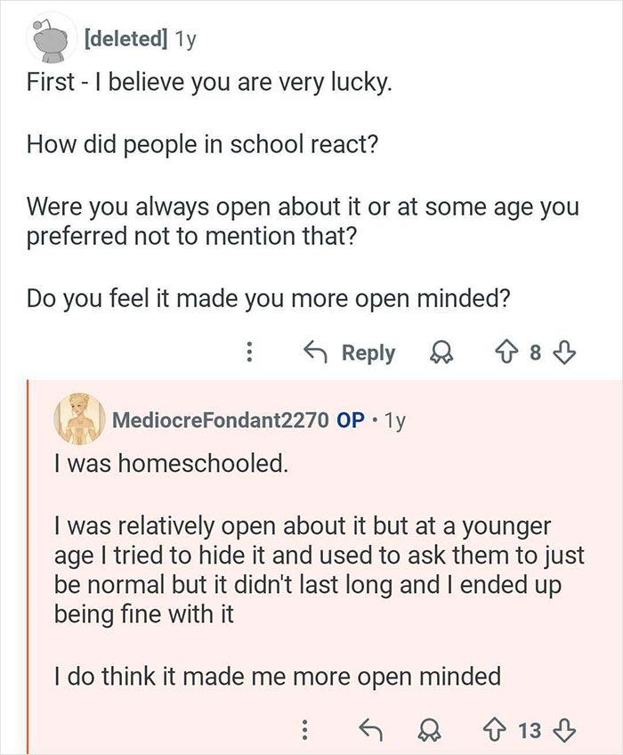 Screenshot of a Reddit Q&A where a woman raised by polyamorous parents discusses being open minded and homeschooling.