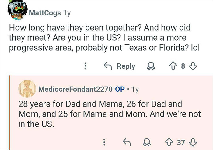 Screenshot of a Reddit conversation about polyamorous parents and their long-term relationships outside the US.