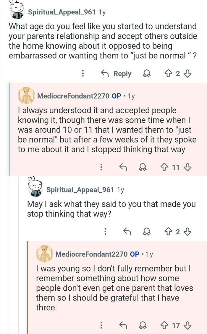 Reddit conversation showing a woman who grew up with polyamorous parents explaining her perspective and acceptance of it.