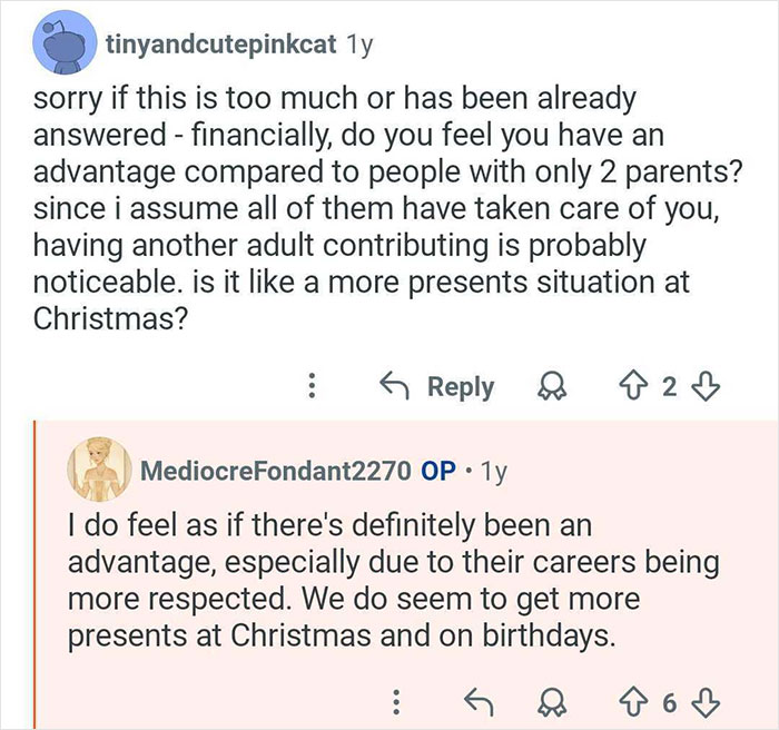 Screenshot of a woman who grew up with polyamorous parents discussing advantages of multiple caregivers financially.