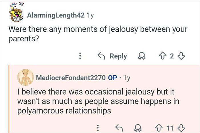 Reddit Q&A showing a woman who grew up with polyamorous parents discussing jealousy in polyamorous relationships.