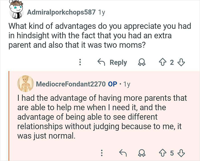 Reddit conversation about advantages of growing up with polyamorous parents and experiencing diverse relationships.