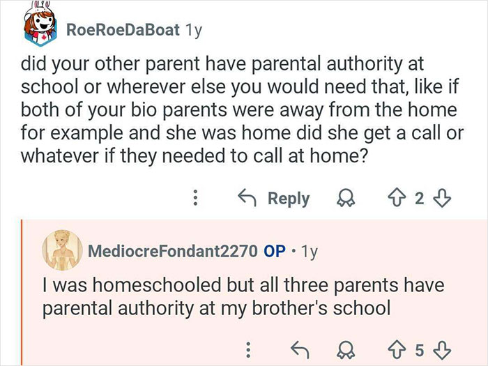 Screenshot of a Reddit Q&A where a woman with polyamorous parents discusses parental authority at school.