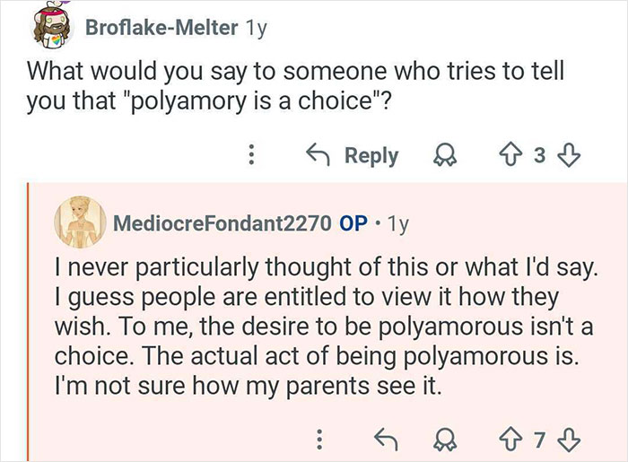 Screenshot of an online discussion where a woman raised by polyamorous parents explains views on polyamory and choice.