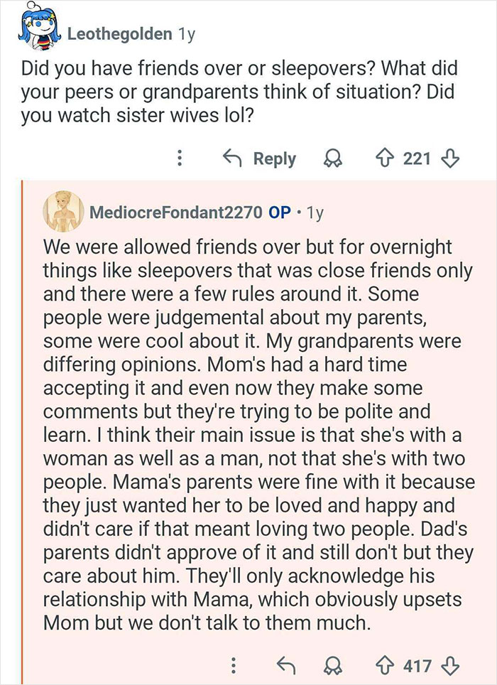 Screenshot of an online Q&A about growing up with polyamorous parents, discussing family and social reactions.