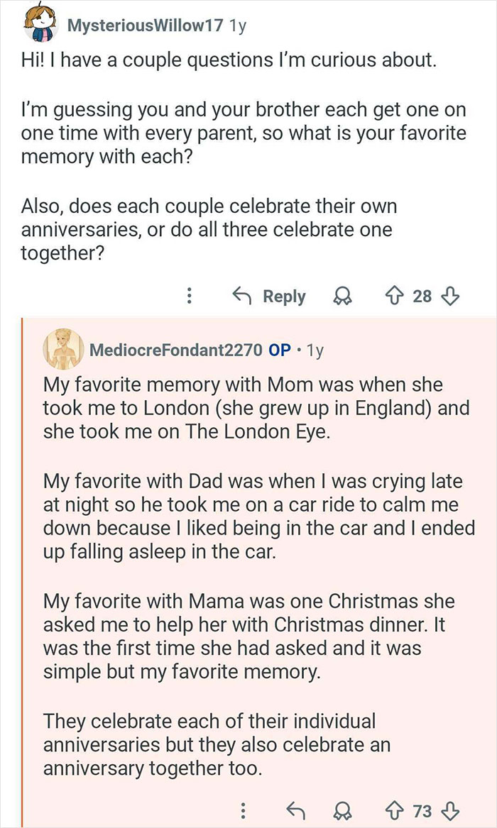 Reddit user answers questions about growing up with polyamorous parents and shares favorite family memories and celebrations.