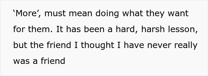Alt text: Excerpt about a woman learning the true colors of friends by refusing to risk her new career for free advice.