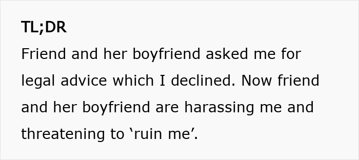 Text image showing a woman refusing to risk her new career by giving free legal advice to friends who then show their true colors.