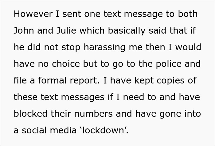 Text message warning harassers to stop or face police report shows woman protecting new career and revealing friends true colors.
