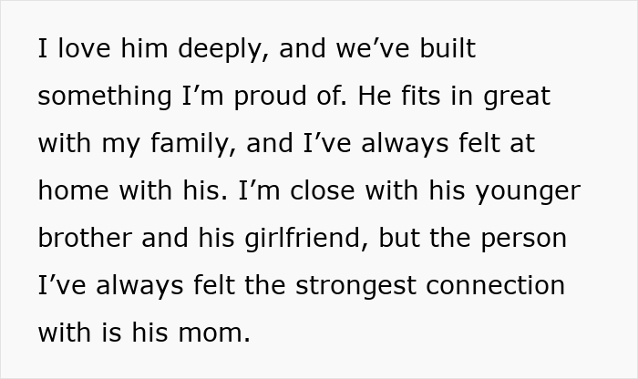 Text expressing deep love for husband and a strong connection with his mother, feeling torn between them.