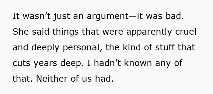 Text excerpt showing a man feeling torn between his husband and mother-in-law after secretly helping her.