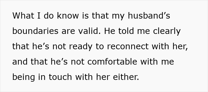 Text discussing a man feeling torn between his husband and mother-in-law after secretly helping her despite his husband’s boundaries.