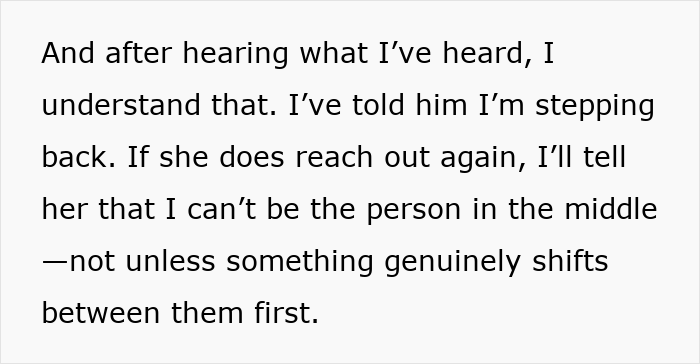 Text excerpt showing a man feeling torn between his husband and mother-in-law after secretly helping her and deciding to step back.