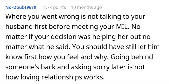 Comment discussing a man torn between his husband and mother-in-law after secretly helping her, stressing communication importance.