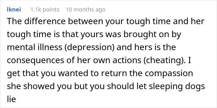 Comment discussing a man feeling torn between his husband and mother-in-law after secretly helping her in a difficult situation.