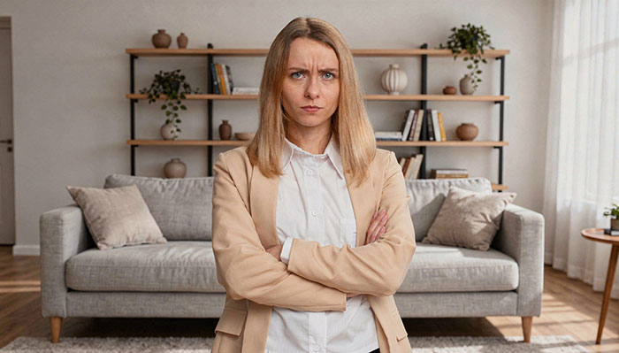 Woman looking frustrated and tongue-tied after confronting partner’s indiscretions and insulting sister-in-law’s hubby.