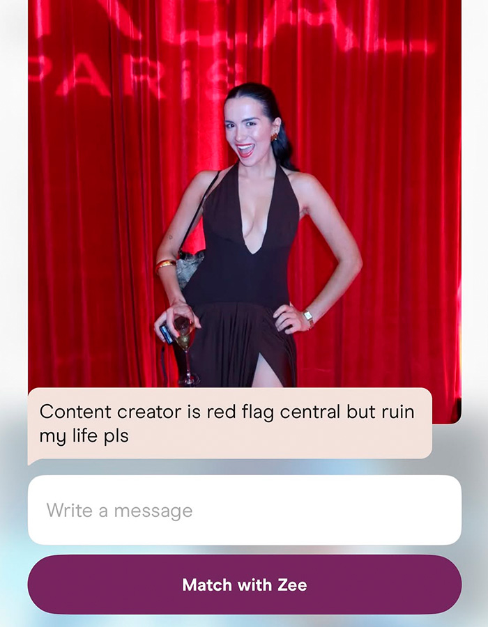 Woman on dating app stunned by surprising Hinge match on first date, holding a glass of wine and smiling confidently. Woman on dating app stunned by surprising Hinge match on first date, holding a glass of wine and smiling confidently.