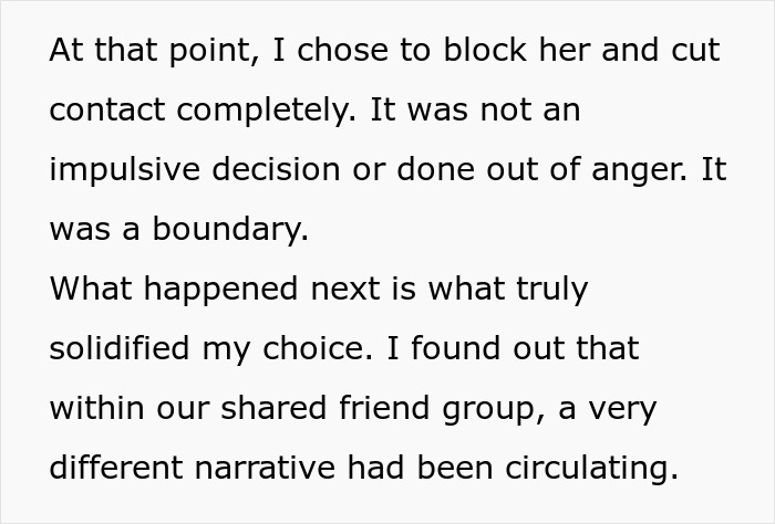 Text discussing a woman blocking her best friend and cutting contact over engagement party boundaries and friendship fallout.