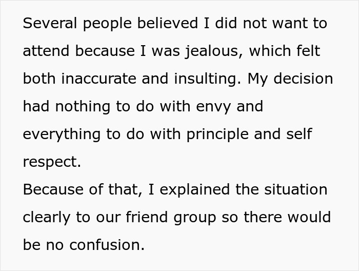 Text excerpt about a woman explaining her decision to ban her best friend&rsquo;s baby and husband from her engagement party.