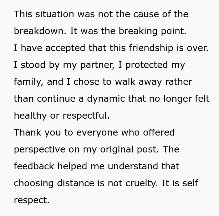 Text about ending friendship after banning best friend&rsquo;s baby and husband from engagement party reflecting self respect and distance.
