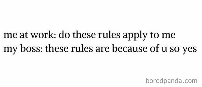 Work meme joke about rules at the office showing employee and boss conversation with funny tone.