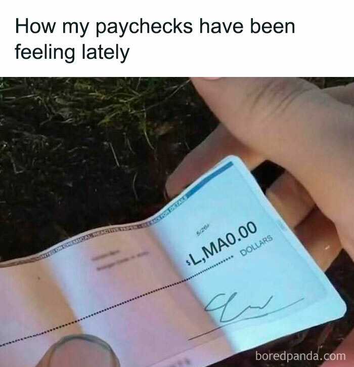 Hand holding a humorous paycheck with L_MAO.00 amount, illustrating funny works memes about paychecks.