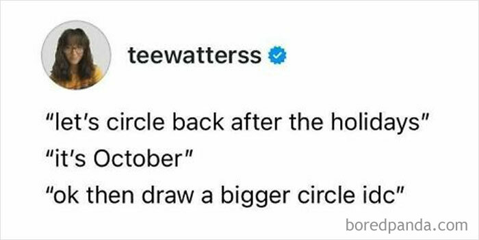 Work meme about circling back after the holidays with a humorous take on October and drawing a bigger circle.