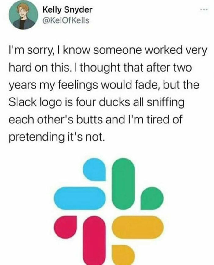 Tweet meme humorously critiques the Slack logo with colorful shapes, featured in funny works memes that make you laugh or cry.