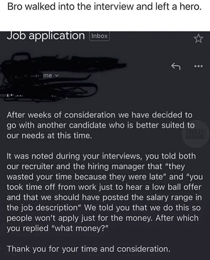 Job application rejection email with humorous interview feedback in a meme from 52 works memes that might make you laugh or cry.