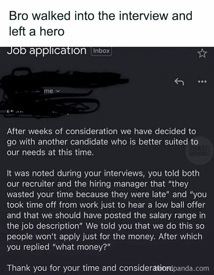 Job application rejection email with humorous interview feedback in a meme from 52 works memes that might make you laugh or cry.