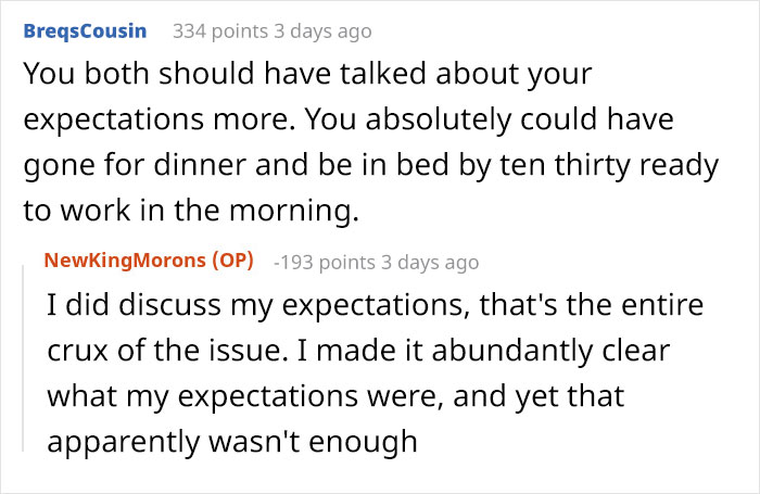 Reddit conversation showing a man losing it as his girlfriend can&rsquo;t comprehend that his business trip is not a romantic getaway.