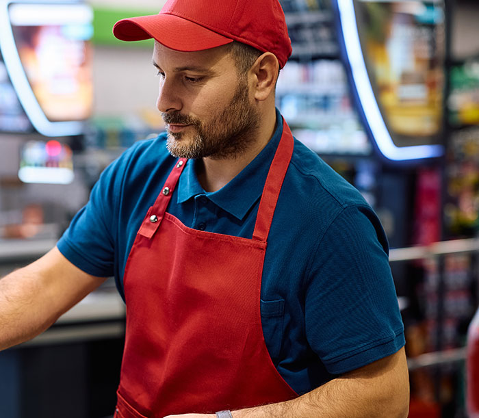 Server wearing red cap and apron attentively handling orders in a busy restaurant sharing customer horror stories.