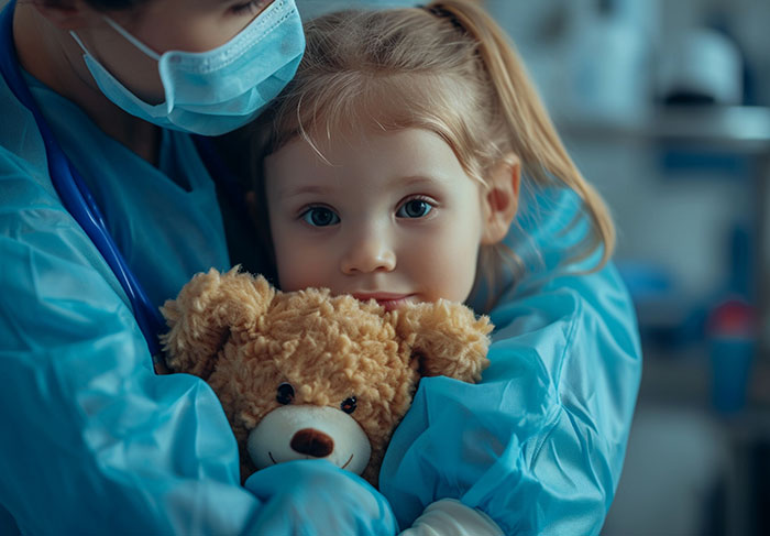 Healthcare worker in protective gear comforting young girl with teddy bear, highlighting heartbreaking medical conditions that can’t be cured.