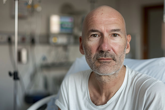Bald middle-aged man in hospital bed with a serious expression, illustrating heartbreaking medical conditions uncured.