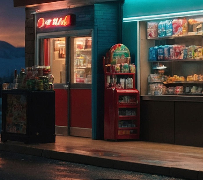 Small convenience store at dusk with illuminated signs and shelves stocked with snacks and drinks inside.