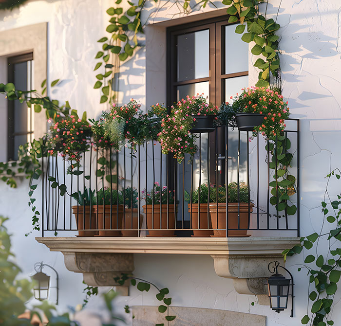 Balcony with potted plants and flowers creating a peaceful and lucky atmosphere in a sunny outdoor setting.