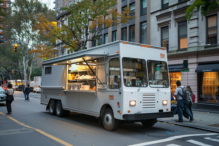 Food truck parked on a city street with people nearby, illustrating a lucky escape from a dangerous situation.